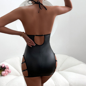 <b>Sexy</b> PU Leather Backless One Piece Bodysuit Wholesale Halter Neck Hollow Out Lingerie <b>Set</b> - Product Image 5