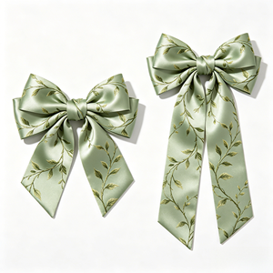 Lazo de Regalo Pre-Atado de Satén Color Verde Salvia con Estampado de Hojas, Lazo de Listón Listo para Usar para Bodas en la Selva, Ramos de Flores de Primavera, Decoración de Cajas de Regalo - Product Image 4