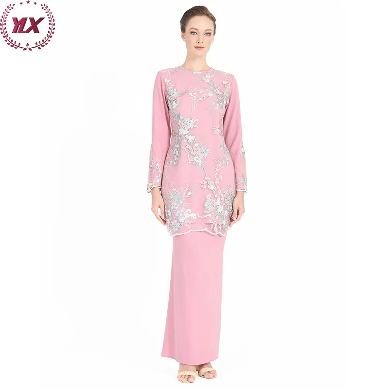 Bescheidene klassische Kemeja Damen Damen bekleidung Schöne Perlen Stil Elegante Front Half Zip Schößchen Anzug Baju Kurung Muslim Tunika Tops