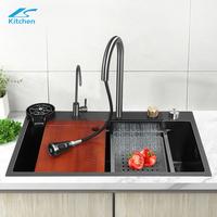 Évier de cuisine Nano 304 double cuve en acier inoxydable fait main, à montage supérieur, avec robinet cascade, style ferme, un trou, noir