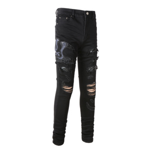 Jeans <span class=keywords><strong>Uomo</strong></span> Slim Fit Effetto Vissuto con Ricamo Serpente Nero <span class=keywords><strong>Elasticizzati</strong></span> Strappati Impilati <span class=keywords><strong>Pantaloni</strong></span> Invernali in Denim Stile Vintage Hip Hop - Product Image 2