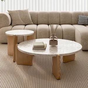 意大利风格北欧白色cofeets Koffietafel客厅家具木腿抽象圆形水磨石茶几套装