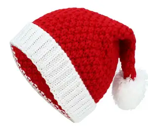 Gorro de punto de Navidad para niños y mujeres, gorrito suave y cálido para invierno, Crochet con bola de Pompón, gorro de calavera de punto, blanco y rojo