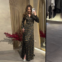 Robe de soirée élégante et décontractée pour femmes R-718, abaya à col en V, manches longues, longueur cheville, imprimé floral, respirante, en polyester