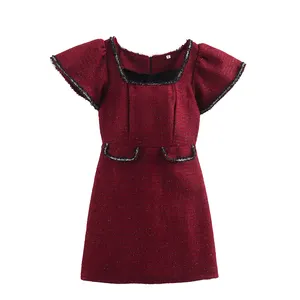 Красное модное женское твидовое мини-платье с квадратным воротником и коротким рукавом на молнии сзади