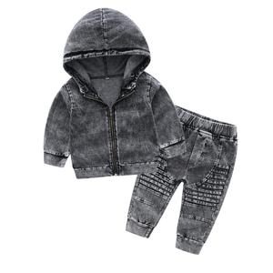 Vêtements pour enfants écologiques, vêtements pour garçons, vêtements en denim délavé uni pour l'automne, ensembles de 2 pièces - Product Image 6