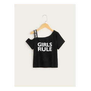 Ventes en gros de hauts noirs pour filles avec motif imprimé, manches courtes, col rond, taille personnalisée, hauts noirs pour filles - Product Image 1