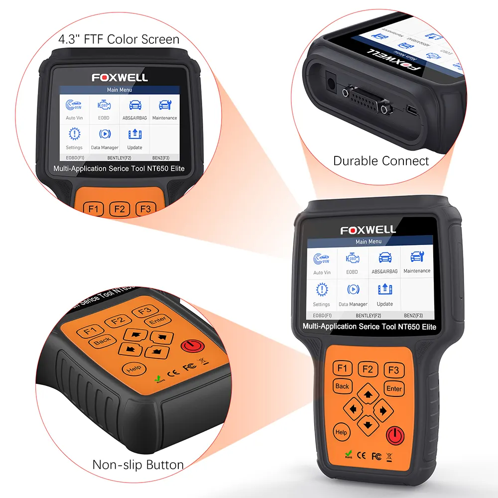 Strumento diagnostico automobilistico OBD2 di ripristino di servizio dell'olio dell'abs SRS dell'analizzatore dell'automobile professionale di Foxwell NT650 e-lite all'ingrosso della fabbrica