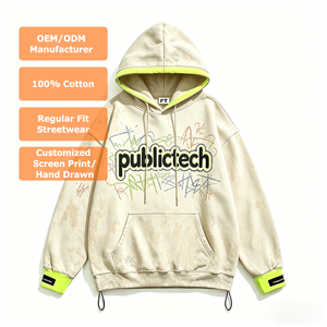 Customized Vintage Washed 430GSM Ribbed Hem Hoodie Letters Screen Print Hand Drawn Boxy Fit French Terry Pullover OEM Sweatshirt - Product Image 1