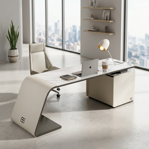Juego de Silla y Escritorio de Oficina de Estilo Italiano, de Alta Gama, Ligero y Lujoso, con Estantería, Material de PVC, Saludable para la Oficina - Product Image 6