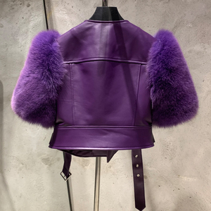 <strong>Women</strong> Genuine Sheep Leather Cropped Biker Jacket Natural Fox Fur Shoulder Decor Diagonal Zipper Belted Moto Outerwear - Product Image 2