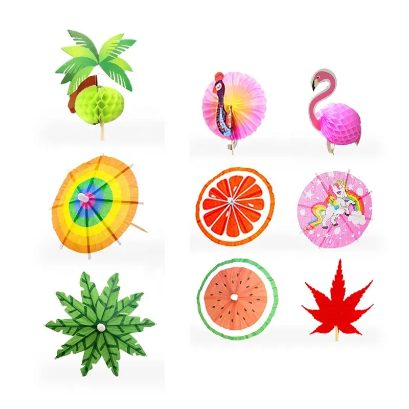 도매 일회용 음식 장식 칵테일 픽 사용자 정의 열대 색 나무 대나무 우산 칵테일 매듭 선택 파티
