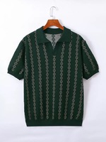 Polo en maille décontracté pour homme, motif jacquard losanges gaufré vintage, col à revers, manches courtes, pull en maille pour l'été