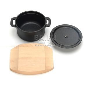 Mini <span class=keywords><strong>Cocotte</strong></span> <span class=keywords><strong>Redonda</strong></span> de Hierro Fundido Precurado con Bandeja de Madera, Mini Horno Holandés de Hierro Fundido, Mini Cacerola, Mini Olla para Servir - Product Image 6