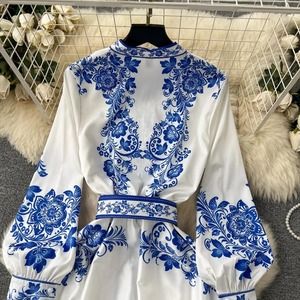 2377# Fashion Runway <strong>Red</strong> <strong>and</strong> <strong>White</strong> Porcelain <strong>Dress</strong> Women's Stand Long Lantern Sleeve <strong>Blue</strong> Floral Print Shirt Robe Vestidos - Product Image 5