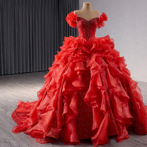 Magnifique Robe de Soirée Rouge en Tulle avec Appliques, Volants, Dos Nu et Perles, Traîne Maxi Rsm241070 - Product Image 3