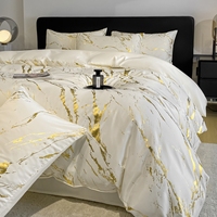 Parure de lit de luxe ultra douce effet soie, broderie lavée à l'eau, 4 pièces, housse de couette et drap plat pour mariage, hôtel, toutes saisons