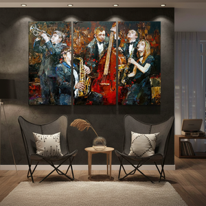Jazz Musicians Art Deco Panel Printed <b>Canvas</b> Set of 3 Vibrant African Music Room <b>Wall</b> Hanging Decor - Product Image 3