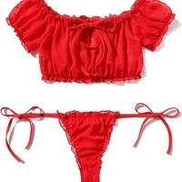 Ensemble de lingerie sexy Avidlove pour femme, nuisette babydoll à volants, épaules dénudées, soutien-gorge et culotte, noir, taille M, ODM, 100 % polyester