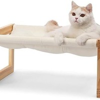 Hamac pour chat d'intérieur en pin massif, lit surélevé mural, motif chevron, toit en lin rechargeable et lavable pour animaux de compagnie