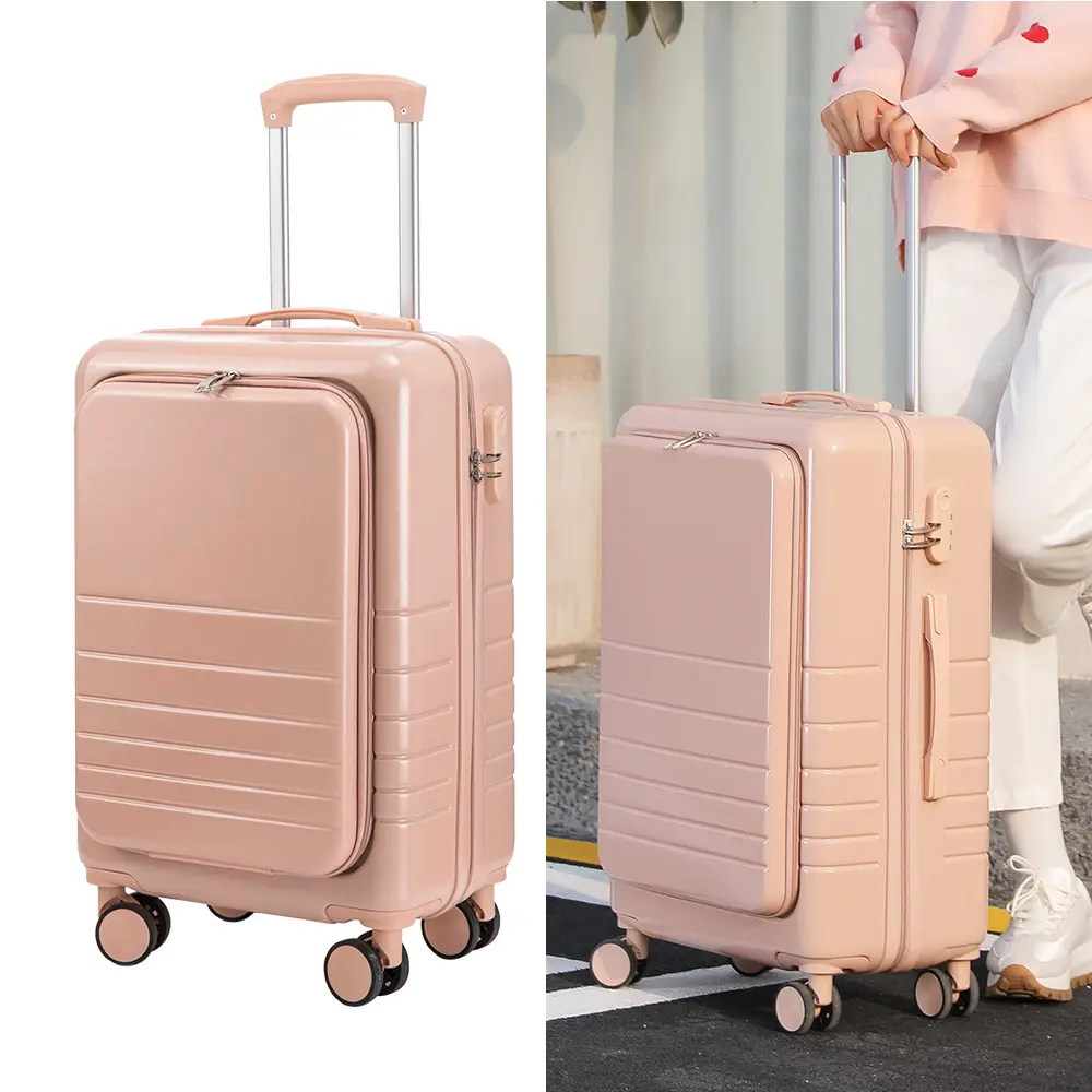 Valigia con manico largo 24 "apertura anteriore bagaglio da viaggio ruote girevoli donna uomo 20" Carry On Cabin Hardside