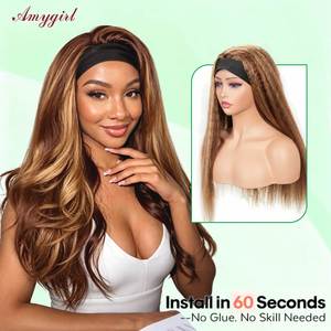 Peluca con diadema de cabello humano virgen brasileño liso rizado, directo de fábrica, densidad 200%, cutícula cruda, con reflejos, larga y personalizable - Product Image 3