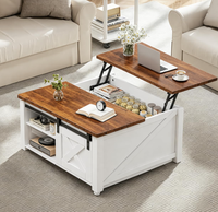 Mesa de Centro Moderna Estilo Fazenda com Tampo Elevável, Armazenamento Oculto, Gaveta Ranhurada, Prateleira Aberta, Superfície de Madeira, Puxador Dourado e Base de 5 Pernas para Sala de Estar