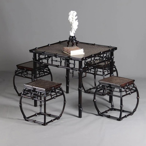 Ming Qing Style Bamboo Square <b>Table</b> Set 5 Piece Chinese Design <b>Dining</b> Room Furniture With Four <b>Stools</b> - Product Image 2