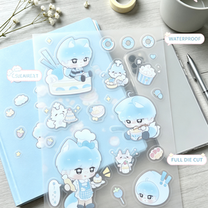 Pegatinas personalizadas de PVC transparente, impermeables, troqueladas, con diseño de niño chibi de pelo azul, de vinilo transparente para diario, funda de teléfono. - Product Image 3