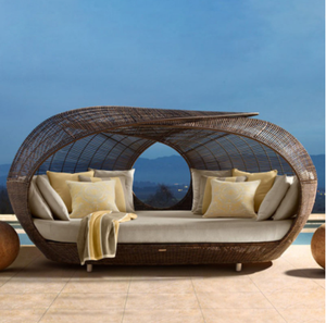 Coussins en rotin modernes bon marché <span class=keywords><strong>Lit</strong></span> en métal Nid d'oiseau Coussins à <span class=keywords><strong>baldaquin</strong></span> extérieur Patio rond <span class=keywords><strong>Lit</strong></span> Canapé Canopy Daybed avec gigogne - Product Image 5