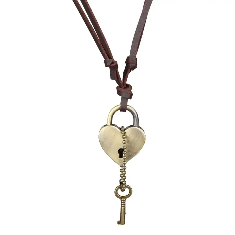Necklace female long leather rope simple personality Vintage Bronze Heart Shaped Lock Pendant Leather Necklace