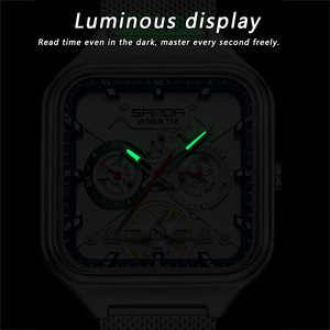Reloj de Cuarzo Cuadrado para Hombre Sanda 9085, Caja de Aleación de Zinc de 42 mm, Correa de Malla de Acero Inoxidable, Resistente al Agua 5 ATM, Esfera Analógica - Product Image 5