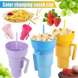 Vaso de aperitivos 2 en 1 con mango de tazón de paja, taza doble para beber palomitas de maíz, tazas reutilizables a prueba de fugas para niños pequeños, ataque de aperitivos - Product Image 2
