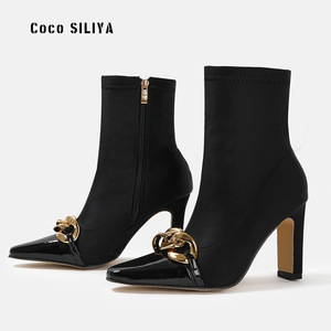 Coco SILIYA Solid Ankle <b>Bootie</b> Boots Pointed Toe Chunky Heel 8cm up Plush Lining Fashion Height Increasing Buckle Decoration - Product Image 2