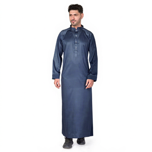 Robe musulmane modeste pour homme, bleu marine uni, à manches longues, col montant, longueur au sol - Product Image 1