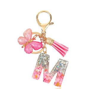 Llavero al por mayor con borla rosa, mariposa y copo de nieve de resina, inicial de la A a la Z, para bolso, mochila, cartera, llavero con alfabeto - Product Image 5