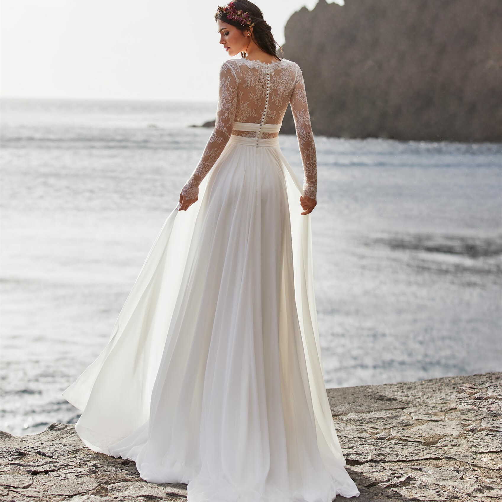 a-line v-neck floor-length chiffon lace wedding dress A-line V Neck Sleeveless Long Chiffon Wedding Dress, Split Beading Lace main image 1