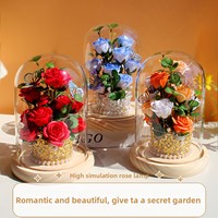 Valentijnsdag Creatief Cadeau voor Haar Kunstmatige Roos Glazen Koepel Eeuwige Bloemen (14x19,5cm) LED Verlicht Afstuderen Thanksgiving