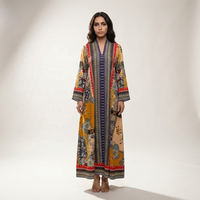 2026 Geringe Mindestbestellmenge Damen Boho Blumenmuster Patchwork Polyester V-Ausschnitt Bodenlange Abend-Abaya Maxikleid Muslimisch Vorne Offen