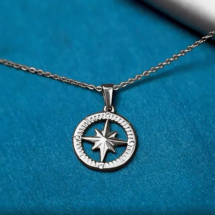 Compass Star Geometric Single Clear White Diamond Necklace 18k Gold Plated Tarnish Free Stainless Steel Pendant Travel Jewelry