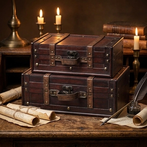 Coffret de rangement rectangulaire décoratif en bois laqué - Lot de 2 valises vintage avec sangles, boîte antique - Product Image 5