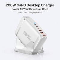 Station de charge de bureau OEM 200W 100W haute puissance GaN à 6 ports avec support détachable, 3 ports USB-C PD + 3 ports USB-A QC