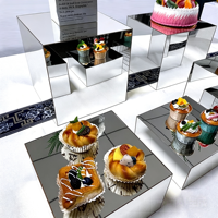 Présentoir carré en acrylique miroir argenté écologique pour buffet, support à desserts, carton pour mariage, banquet, pause thé