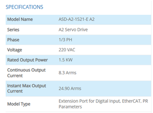 ASD-A2-1521-E Variador de Frecuencia Monofásico de 1.5KW 220V, Serie ASDA-A2, Amplificador Original - Product Image 3