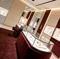 Vitrines de présentation complètes pour bijouterie haut de gamme, sur mesure, en velours bordeaux, avec cadre doré, éclairage LED, durables, murales, GZowin