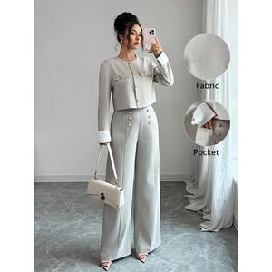 ハイエンド女性用カジュアルツーピーススーツショートカラーレスジャケットとパンツ - Product Image 1