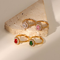 Bague en acier inoxydable à Double couche de Zircon épais, bord plaqué or 18 carats, bague en Zircon de couleur ovale, bijoux pour femmes