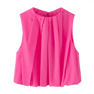 Blusa de gasa plisada sin mangas rosa para mujer, blusa holgada de color liso para fiesta, estilo elegante para primavera y verano - Product Image 4