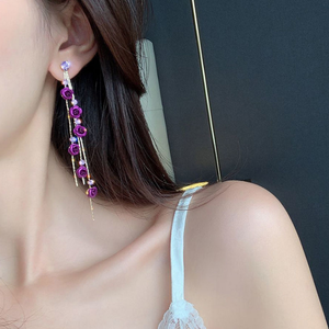 Pendientes <span class=keywords><strong>de</strong></span> Cadena Larga con Borla <span class=keywords><strong>de</strong></span> Flor Rosa Roja y Púrpura, con Diamantes <span class=keywords><strong>de</strong></span> Imitación, para Mujer, Pendientes Colgantes Rectos con Cadena, Joyería - Product Image 4