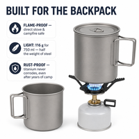 Tasse de camping en titane pur avec couvercle et poignée pliable, pour café et thé, 220ml 380ml 550ml, ultralégère, pour randonnée et glamping